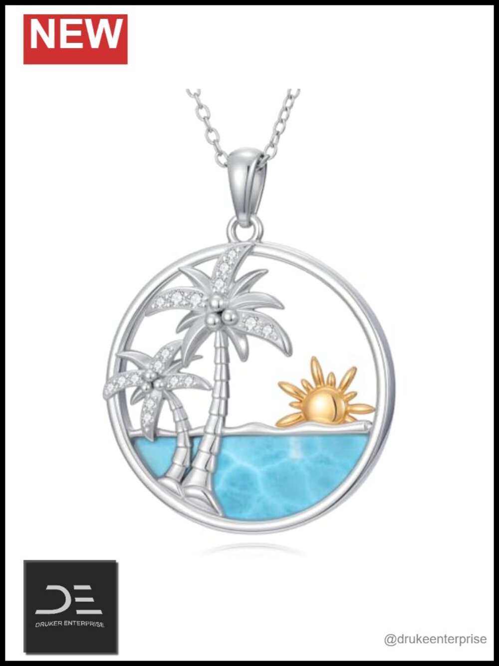 Natural Larimar Pendant Necklace 925 Sterling Silver Palm Tree Ocean Beach